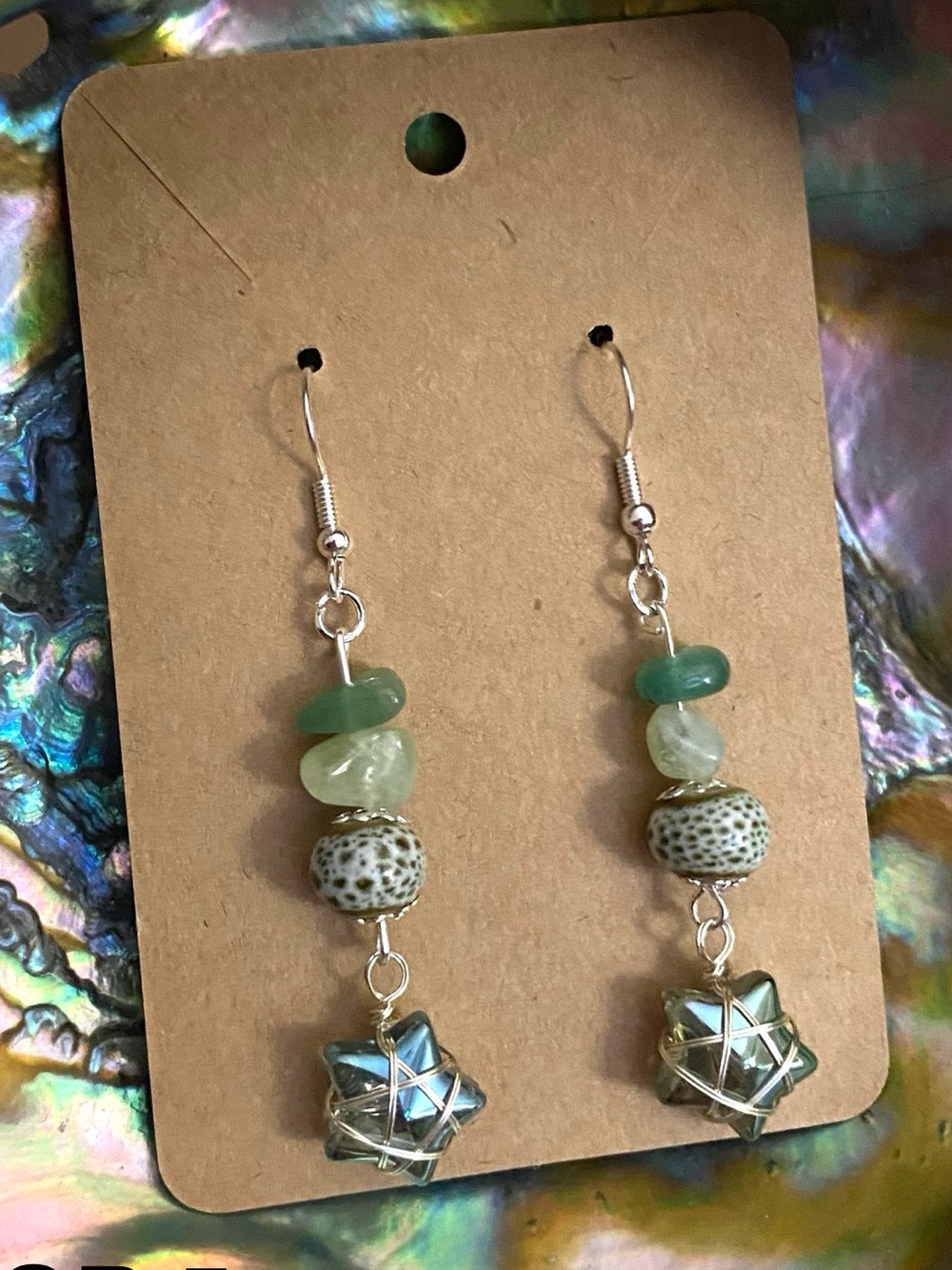 Green Bead Dangle Earrings with Star Charm